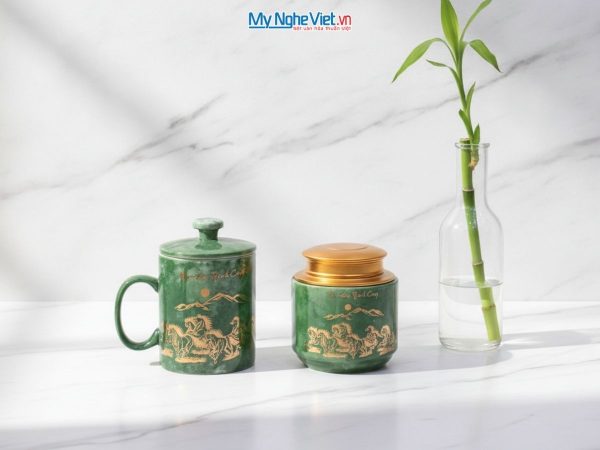 Combo hộp quà tặng ly lọc trà và hũ đựng trà men vân đá cao cấp