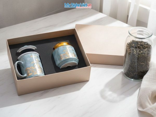 Combo hộp quà tặng ly lọc trà và hũ đựng trà men vân đá cao cấp