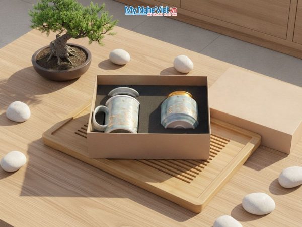 Combo hộp quà tặng ly lọc trà và hũ đựng trà men vân đá cao cấp