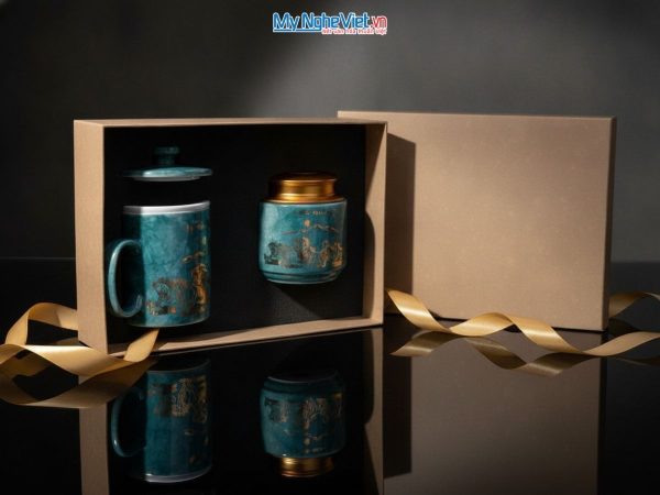 Combo hộp quà tặng ly lọc trà và hũ đựng trà men vân đá cao cấp