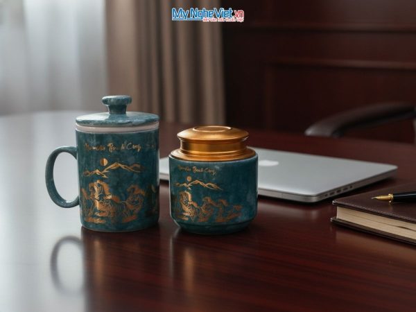 Combo hộp quà tặng ly lọc trà và hũ đựng trà men vân đá cao cấp