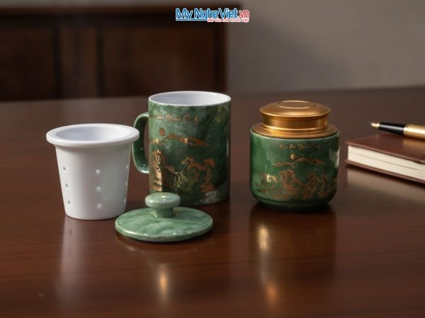 Combo hộp quà tặng ly lọc trà và hũ đựng trà men vân đá cao cấp