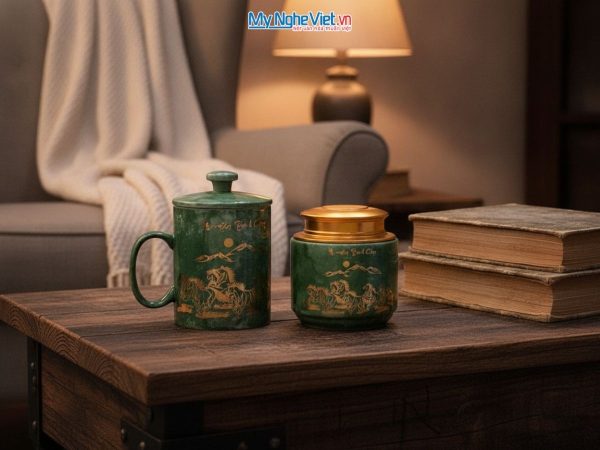 Combo hộp quà tặng ly lọc trà và hũ đựng trà men vân đá cao cấp