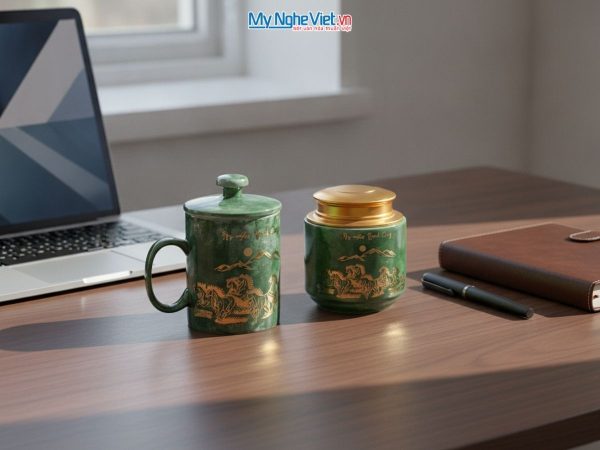 Combo hộp quà tặng ly lọc trà và hũ đựng trà men vân đá cao cấp