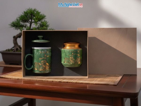 Combo hộp quà tặng ly lọc trà và hũ đựng trà men vân đá cao cấp