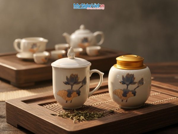 COmbo quà tặng ly sứ và hũ trà gốm sứ cao cấp