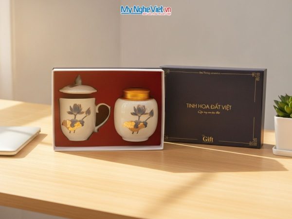 COmbo quà tặng ly sứ và hũ trà gốm sứ cao cấp