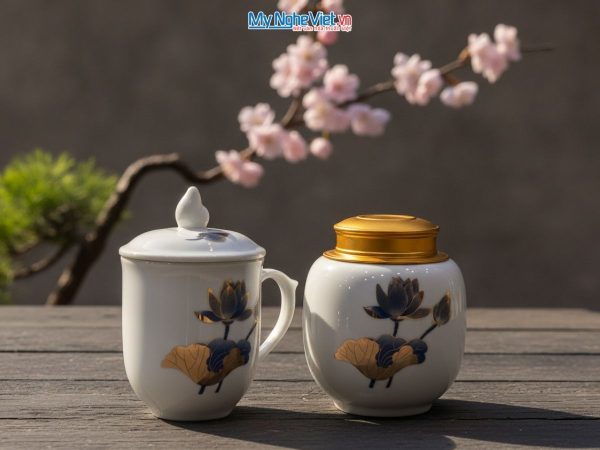 COmbo quà tặng ly sứ và hũ trà gốm sứ cao cấp