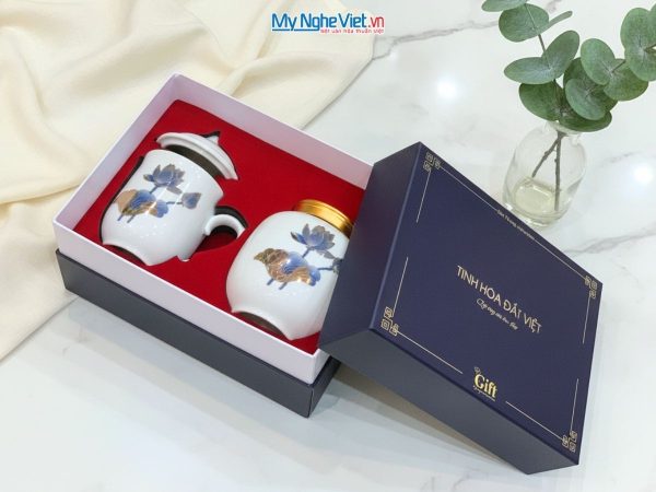 COmbo quà tặng ly sứ và hũ trà gốm sứ cao cấp