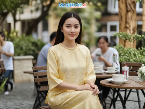 Đồ bộ lụa tơ tằm họa tiết hồng nhí màu vàng