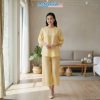 Đồ bộ lụa tơ tằm họa tiết hồng nhí màu vàng