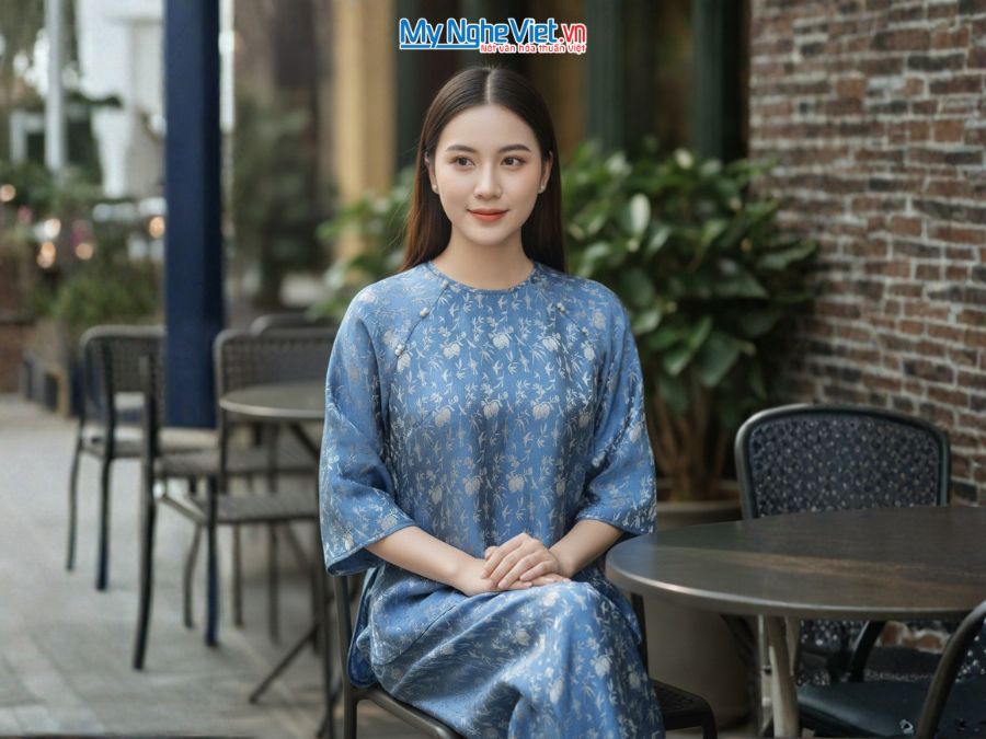 Đồ bộ lụa tơ tằm họa tiết lựu trúc tơ tằm màu xanh
