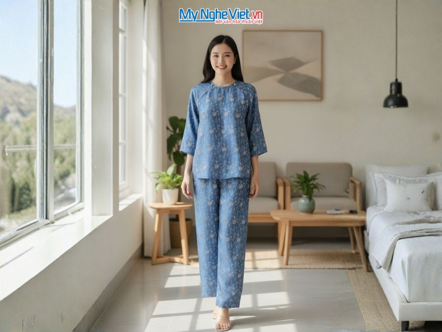 Đồ bộ lụa tơ tằm họa tiết lựu trúc tơ tằm màu xanh