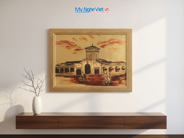 Tranh sơn mài dát vàng vẽ chợ Bến Thành