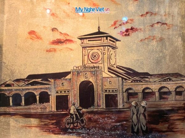 Tranh sơn mài dát vàng vẽ chợ Bến Thành