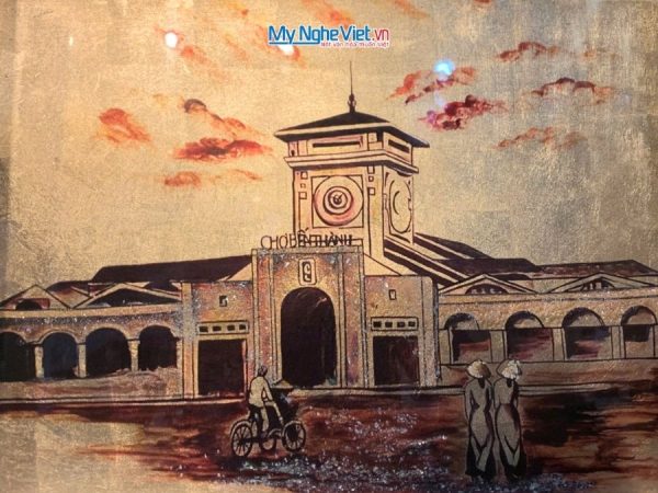 Tranh sơn mài dát vàng vẽ chợ Bến Thành
