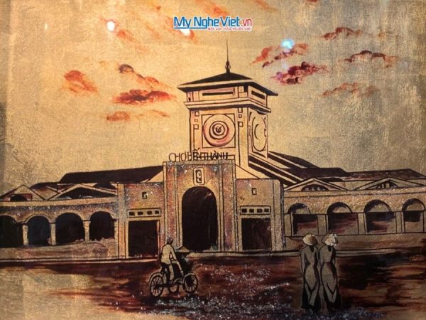 Tranh sơn mài dát vàng vẽ chợ Bến Thành