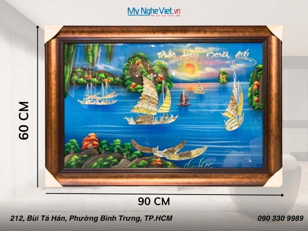 Tranh Sơn mài Thuận Buồm Cẩn Xanh 50x80cm Khung nhựa 60x90 - TSM699N