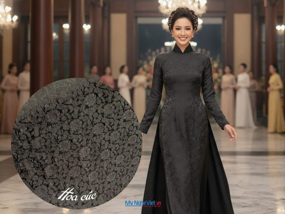 Vải áo lụa Hà Đông Hoa Cúc Đen 3.7m khổ 90cm