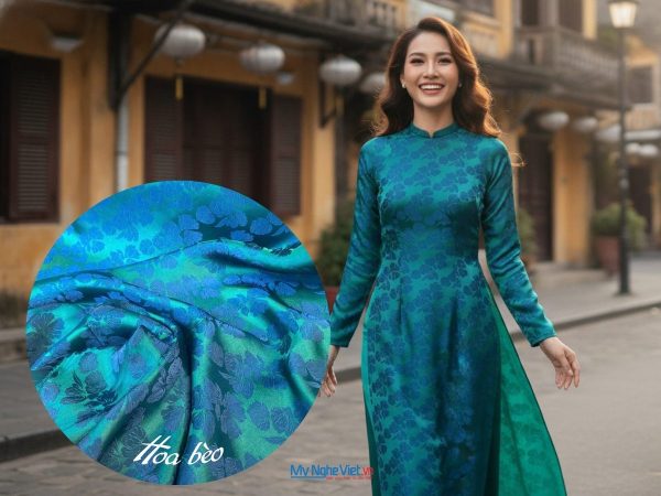 Vải áo lụa Hà Đông Hoa Bèo Xanh Cổ Vịt 3.7m khổ 90cm