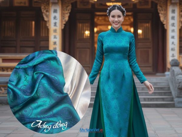 Vải áo lụa Hà Đông Trống Đồng Xanh Cổ Vịt 3.7m khổ 90cm