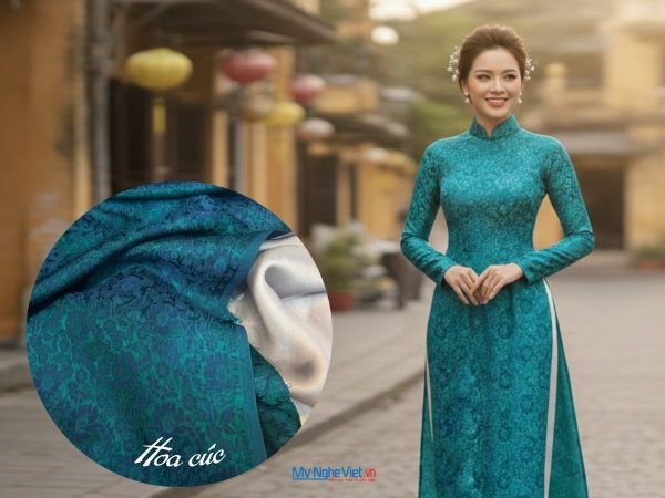 Vải áo lụa Hà Đông Hoa Cúc Xanh Cổ Vịt 3.7m khổ 90cm