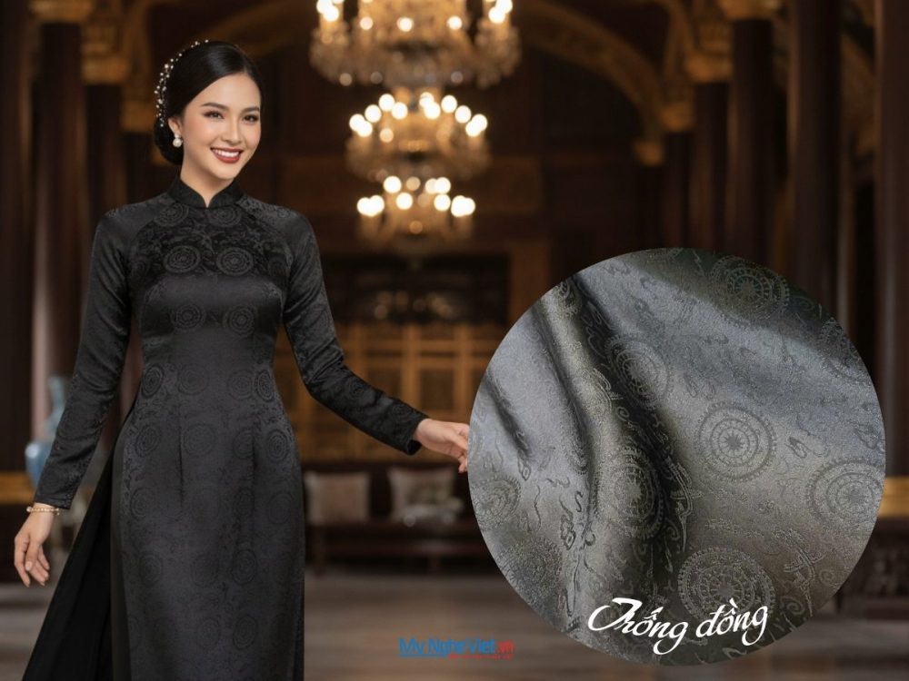 Vải áo lụa Hà Đông Trống Đồng Đen 3.7m khổ 90cm