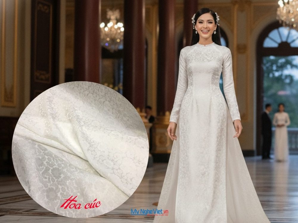 Vải áo lụa Hà Đông Hoa Cúc Trắng 3.7m