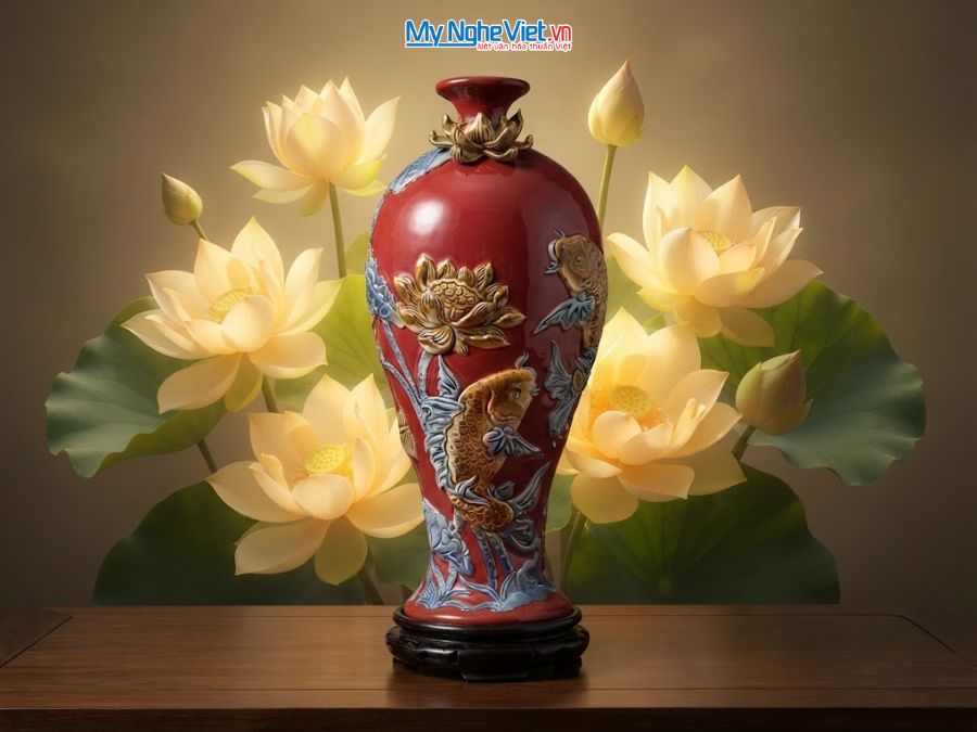 Bình Hút Tài Lộc Cá Chép Hoa Sen Men Đỏ Đắp Nổi