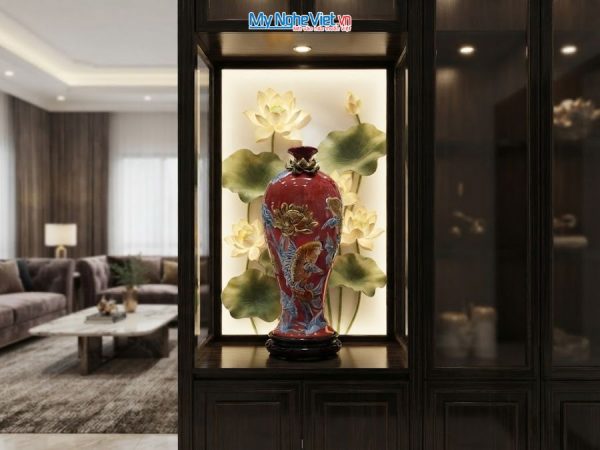 Bình Hút Tài Lộc Cá Chép Hoa Sen Men Đỏ Đắp Nổi