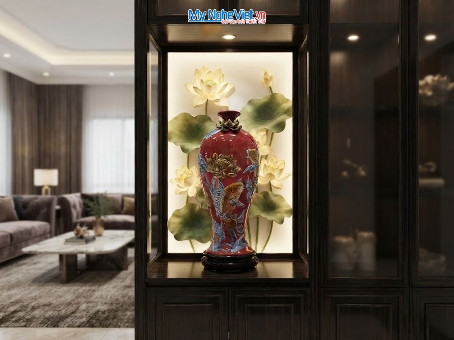 Bình Hút Tài Lộc Cá Chép Hoa Sen Men Đỏ Đắp Nổi