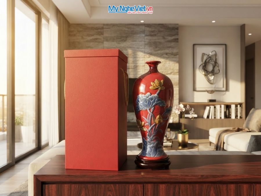 Bình Hút Tài Lộc Cá Chép Hoa Sen Men Đỏ Đắp Nổi