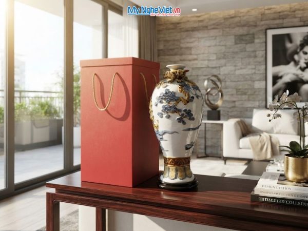 Bình Hút Tài Lộc Thuận Buồm Xuôi Gió Men Trắng Đắp Nổi
