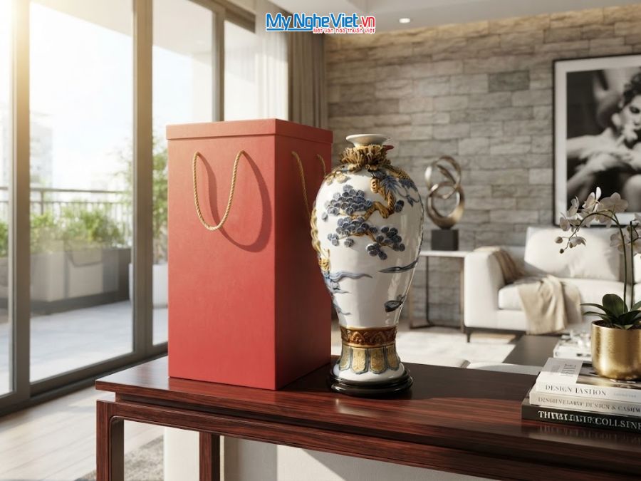 Bình Hút Tài Lộc Thuận Buồm Xuôi Gió Men Trắng Đắp Nổi