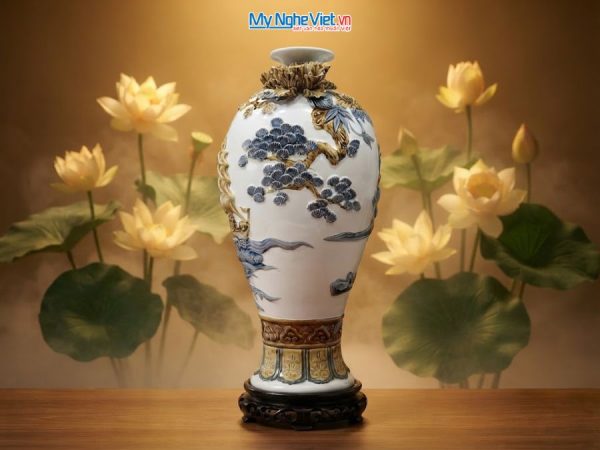 Bình Hút Tài Lộc Thuận Buồm Xuôi Gió Men Trắng Đắp Nổi