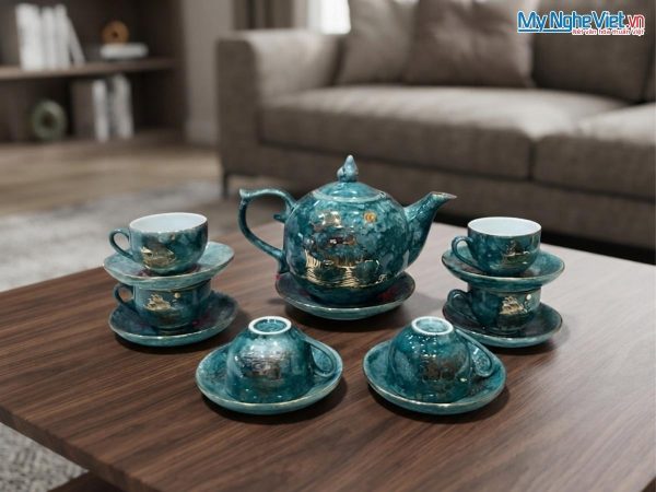 Bộ bình trà men vân đá vẽ vàng kim thuận buồm xuôi gió