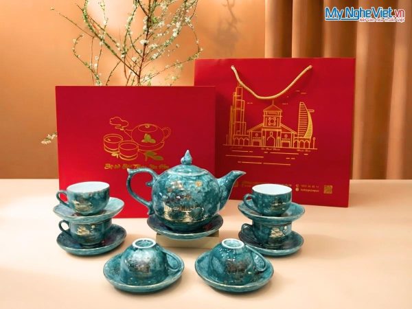 Bộ bình trà men vân đá vẽ vàng kim thuận buồm xuôi gió