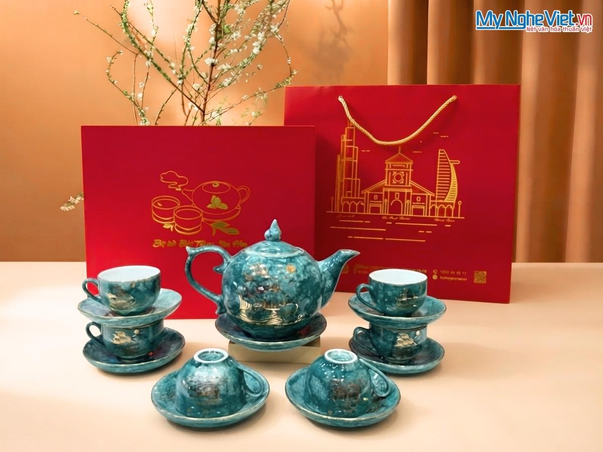 Bộ bình trà men vân đá vẽ vàng kim thuận buồm xuôi gió