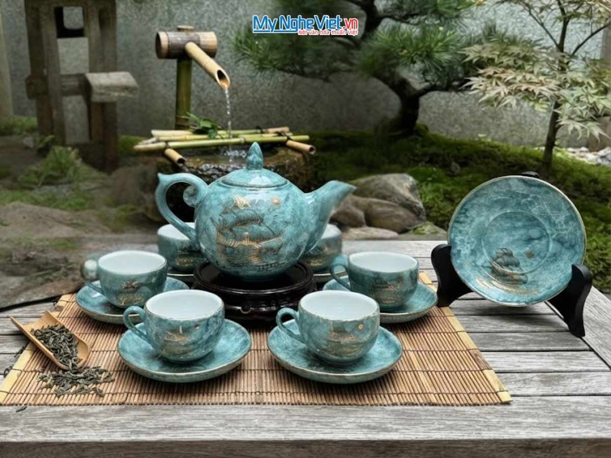Bộ bình trà men vân đá vẽ vàng kim thuận buồm xuôi gió