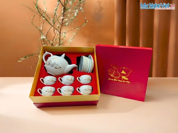 Bộ bình trà gốm sứ vẽ vàng kim cao cấp