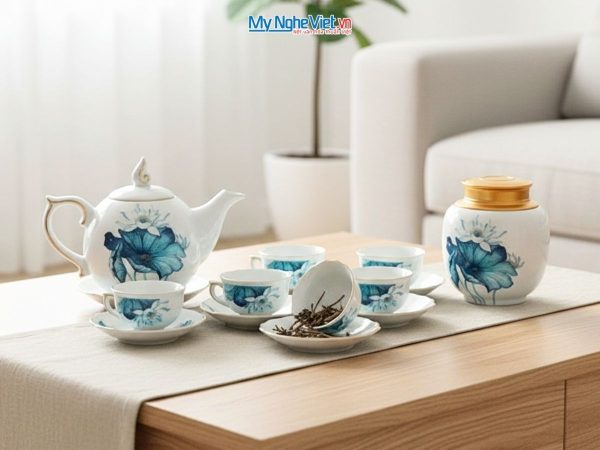 Bộ bình trà men trắng vẽ hoa sen vàng kim