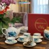 Bộ bình trà men trắng vẽ hoa sen vàng kim