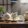 Bộ bình trà men trắng vẽ hoa mai
