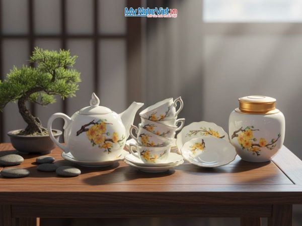 Bộ bình trà men trắng vẽ hoa mai