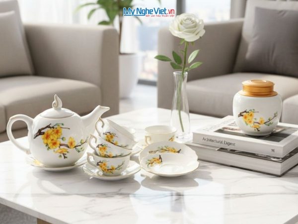 Bộ bình trà men trắng vẽ hoa mai