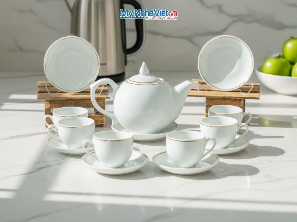 Bộ bình trà men trắng viền chỉ vàng kim