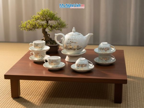 Bộ bình trà gốm sứ vẽ vàng kim cao cấp