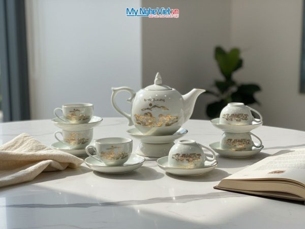 Bộ bình trà gốm sứ vẽ vàng kim cao cấp