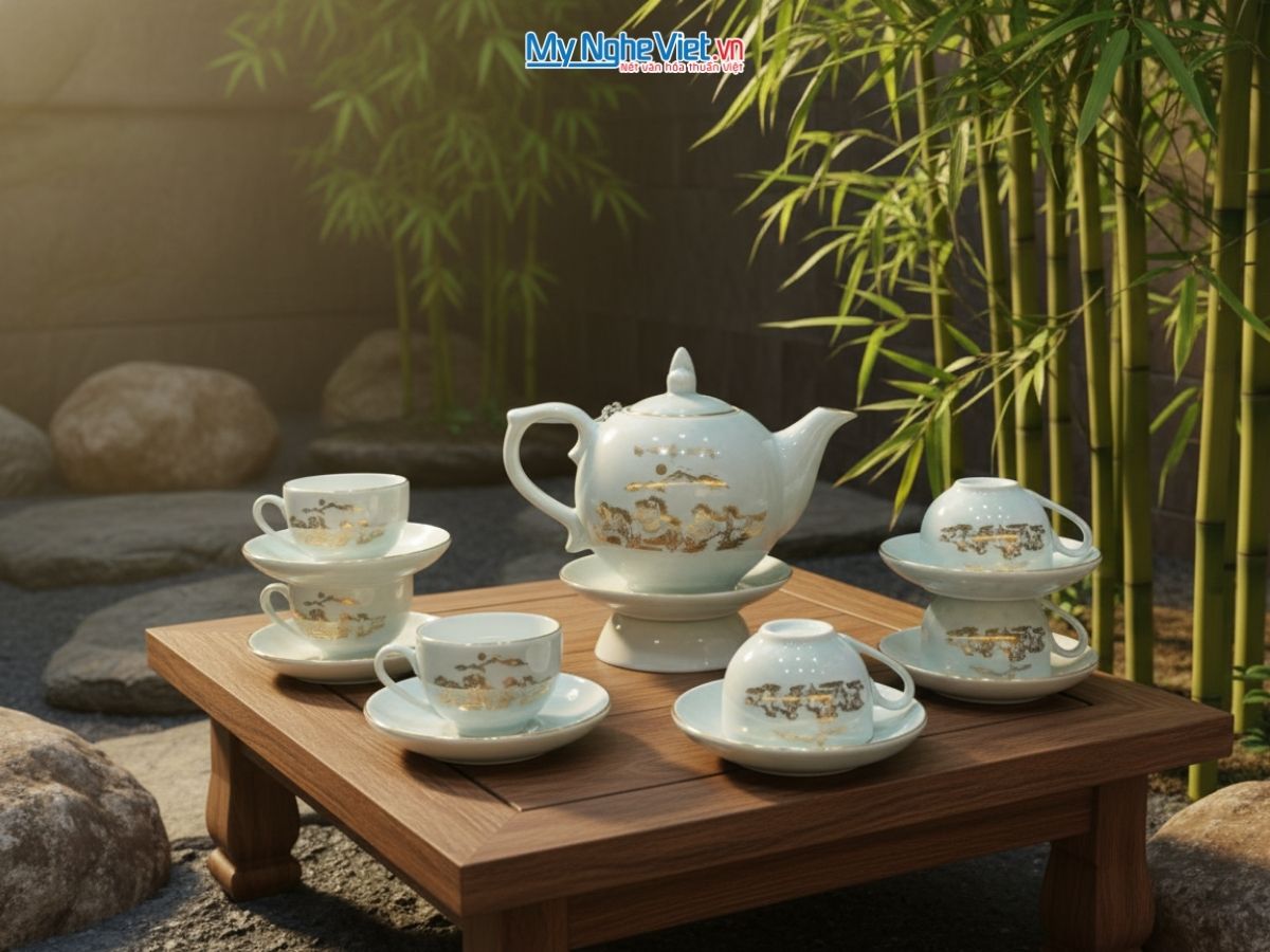 Bộ bình trà gốm sứ vẽ vàng kim cao cấp