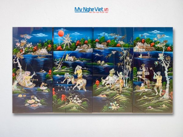 Bộ tranh sơn mài ngư tiều canh mục cẩn chìm